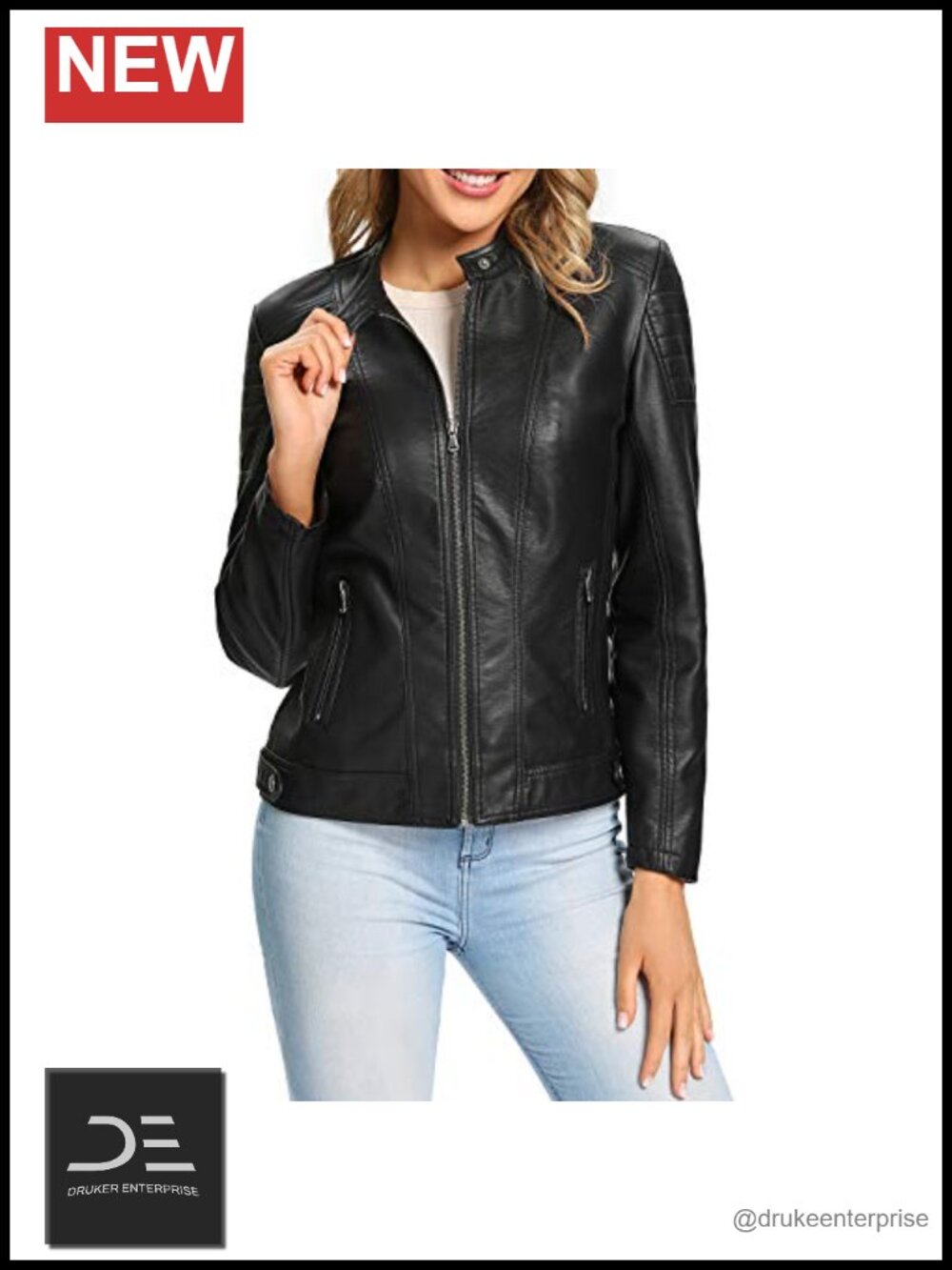 Faux Leather Moto Biker Jacket Quilted Zip Up Outwear Women's